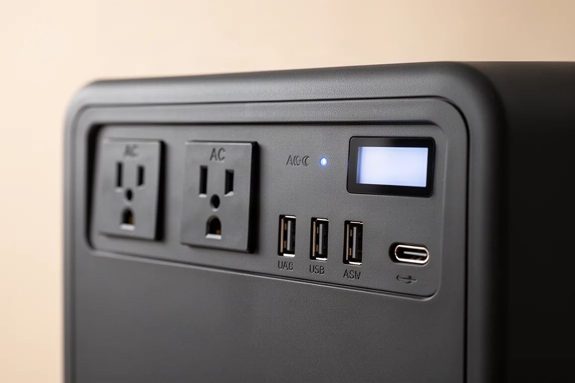 Primer plano de los puertos de salida USB y CA en el panel frontal de una central eléctrica