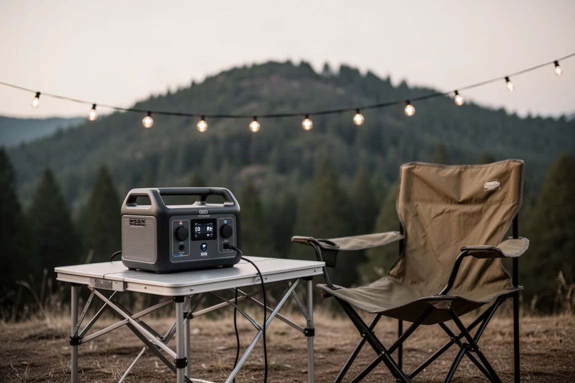 Central eléctrica portátil junto a una silla de camping en un lugar de overlanding al anochecer