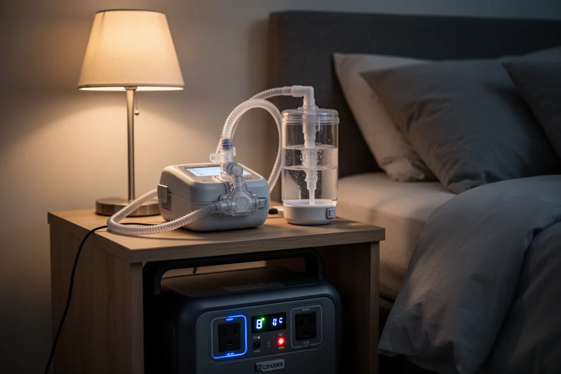 Macchina CPAP con serbatoio d'acqua riscaldato in funzione su un comodino accanto a una stazione di alimentazione