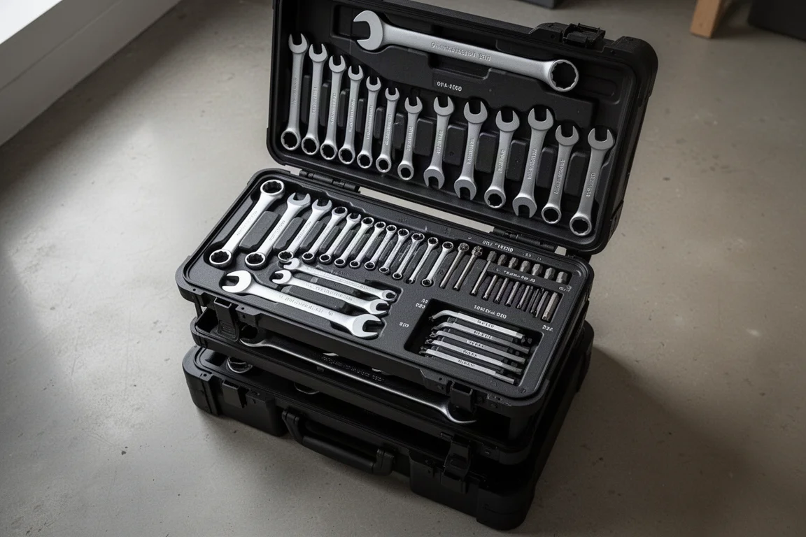 Open multi-drawer tool case filled with organized sockets and wrenches
