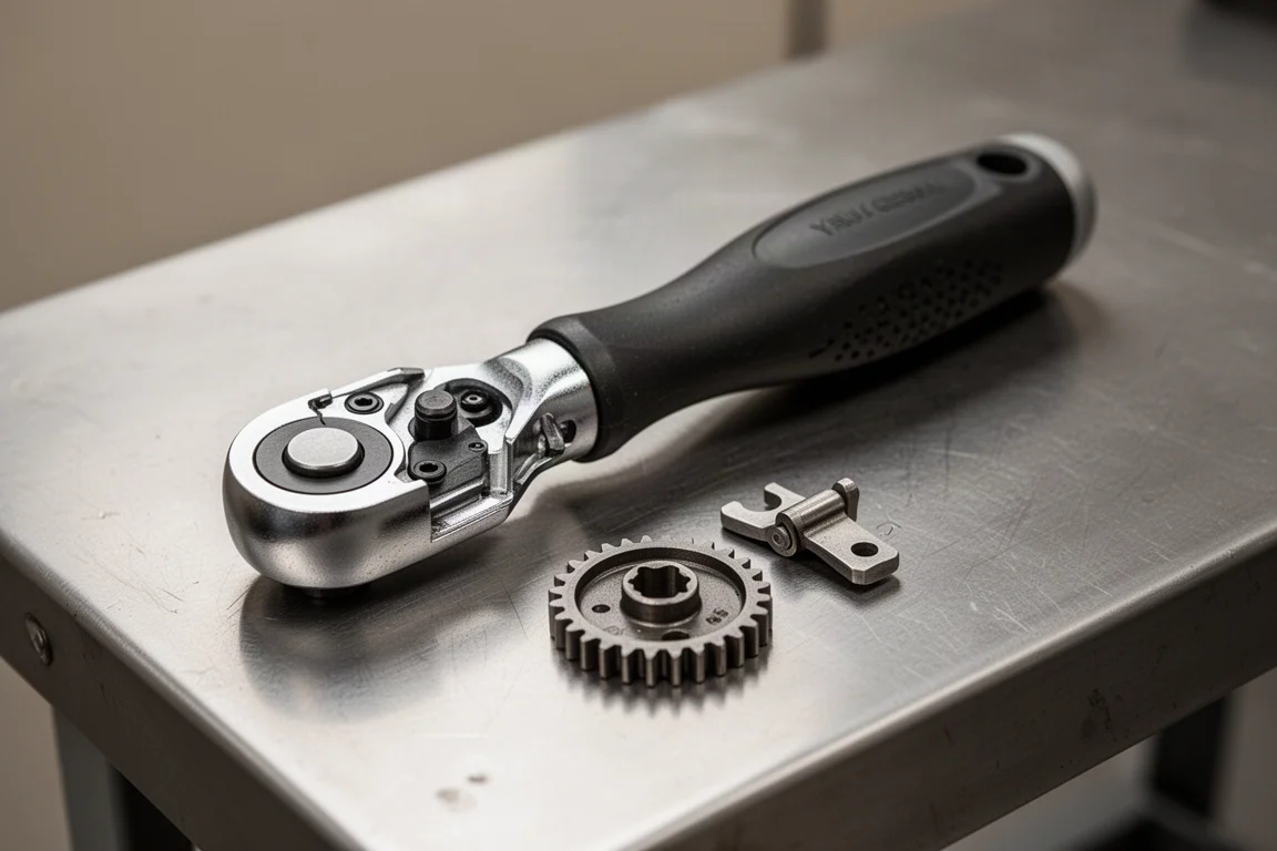 Ratchet mechanism disassembled on a workbench showing internal parts
