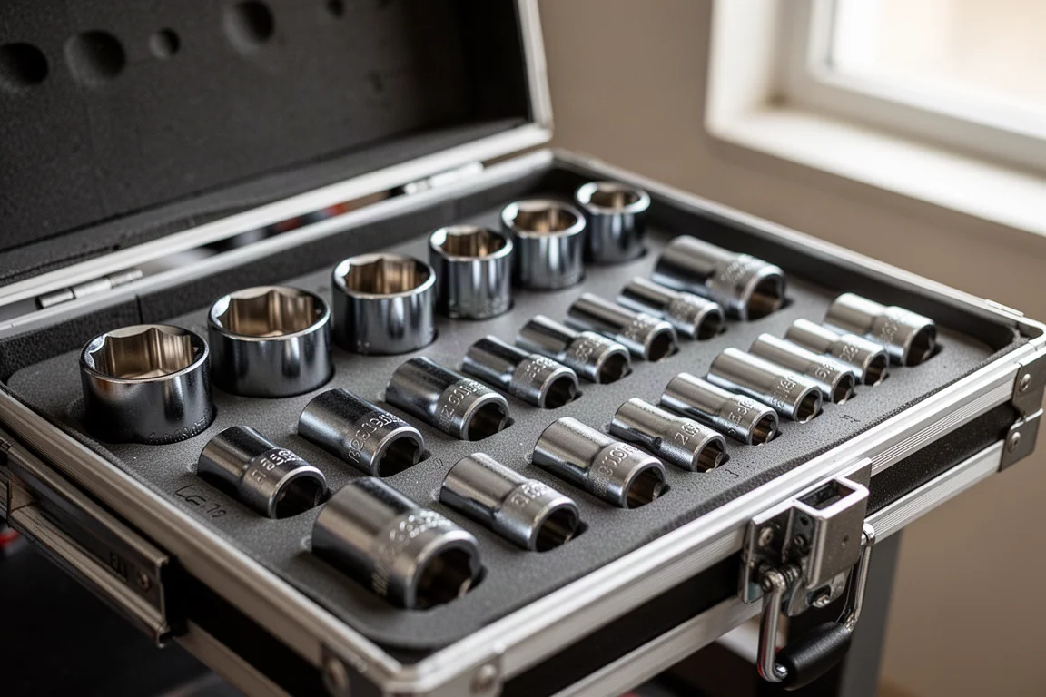Drawer of labeled shallow and deep sockets neatly arranged