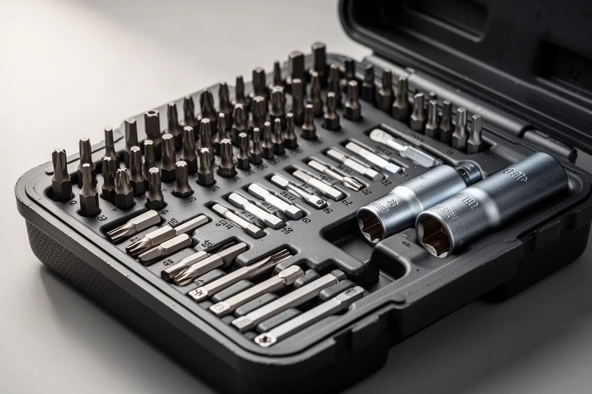 Assorted security bit collection and spark plug sockets in a tool tray
