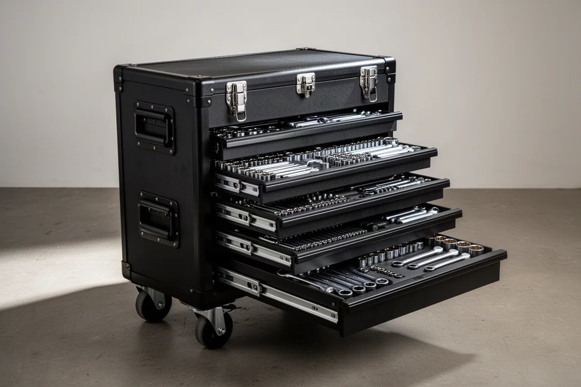 Open multi-tier tool case filled with organized sockets, wrenches and bit sets