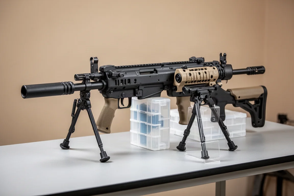VFC Mark 48 Mod 1 輕機槍搭配彈箱，展示於桌上
