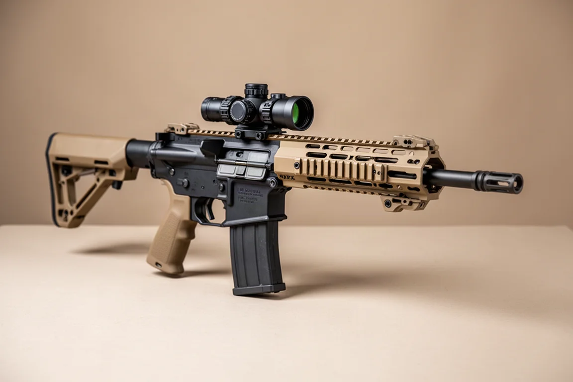 VFC M110 K1 瓦斯反吹步槍，配備沙色 URX 護木及瞄具，展示中