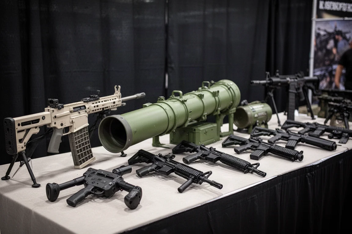 VFC 空氣槍展示桌，包含卡爾·古斯塔夫 M3 發射器、Mark 48 Mod 1 及數把步槍