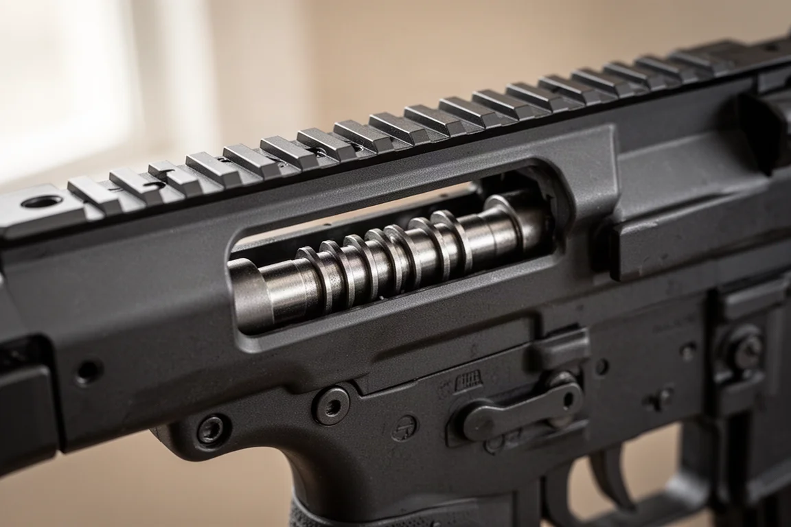 Airsoft light machine gun with reciprocating bolt visible through ejection port