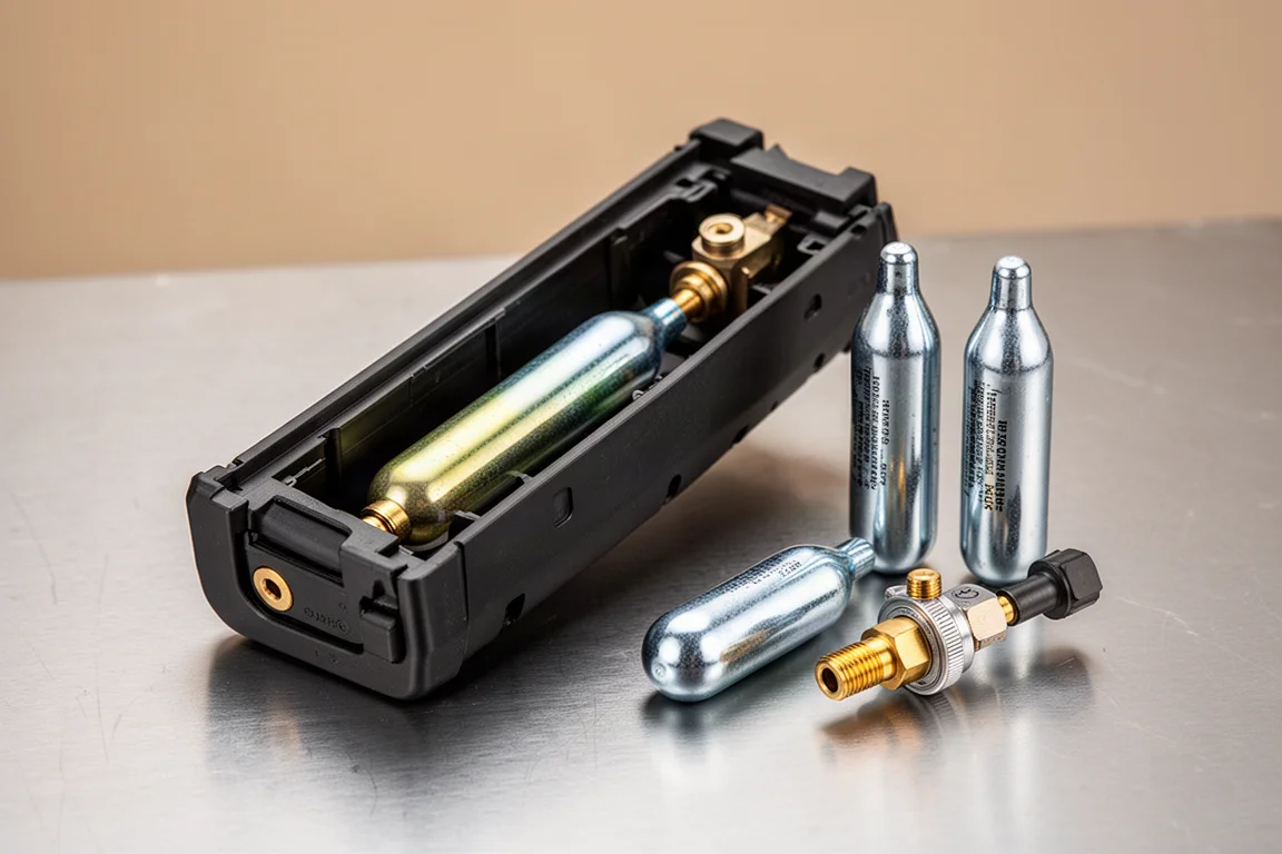 Airsoft box magazine with CO2 canisters and gas reservoir components