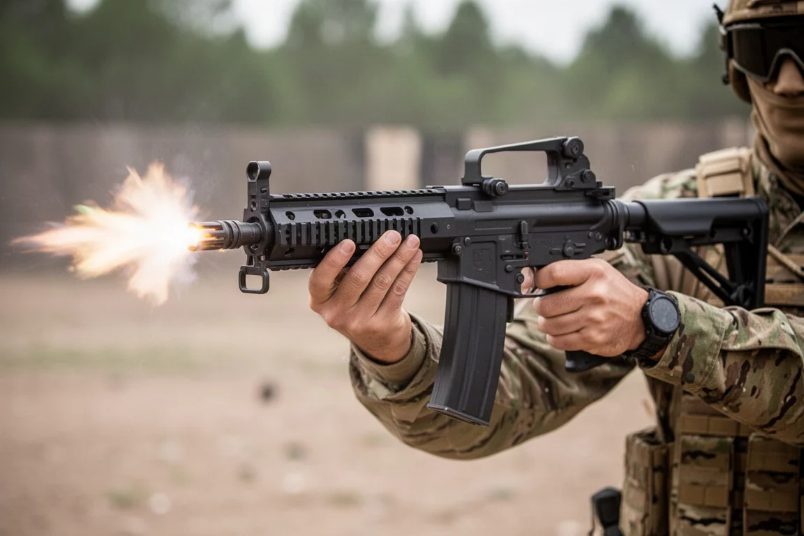 Airsoft light machine gun being fired outdoors with visible recoil