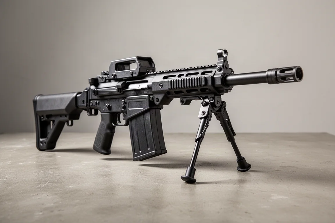 VFC M249 GBB airsoft light machine gun with box magazine and bipod on concrete surface