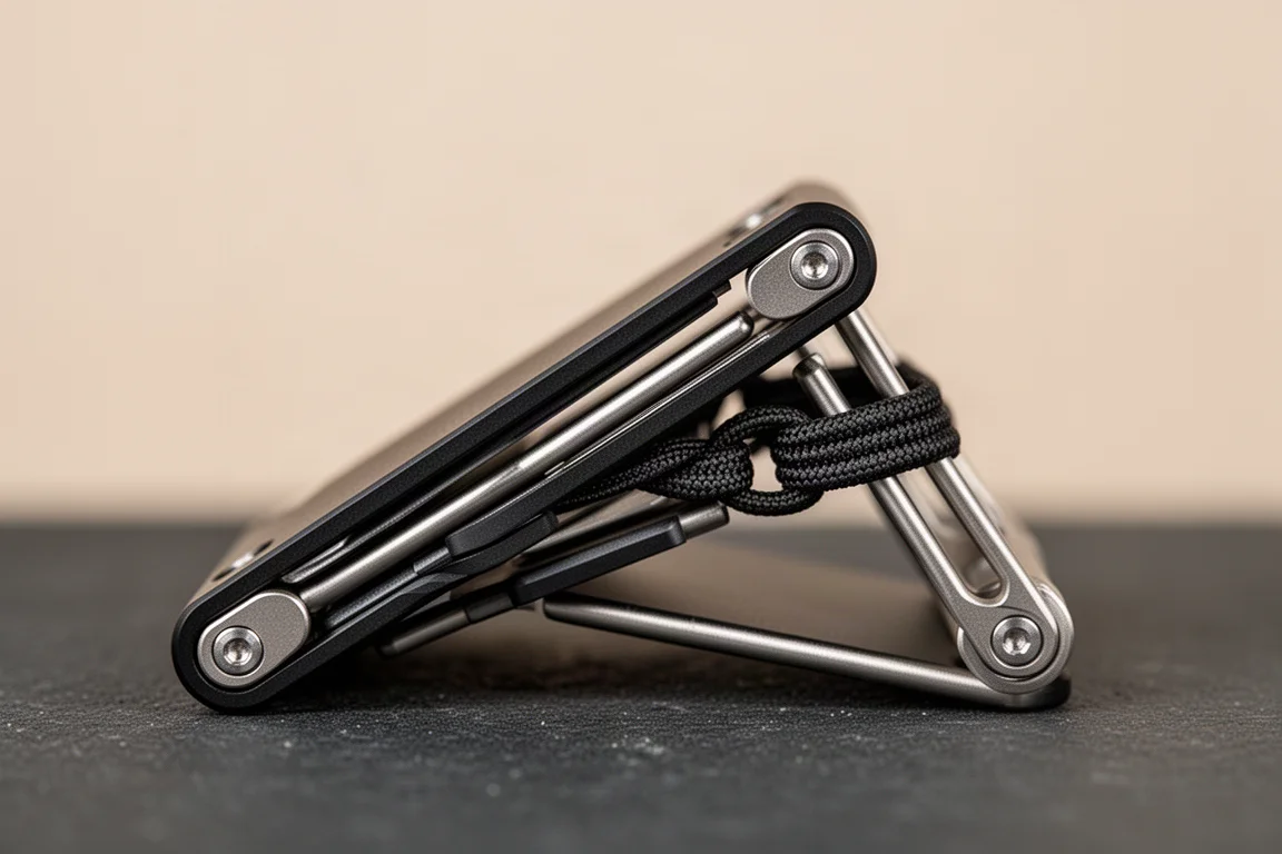 Cartera minimalista de aluminio vista de perfil sobre una superficie oscura