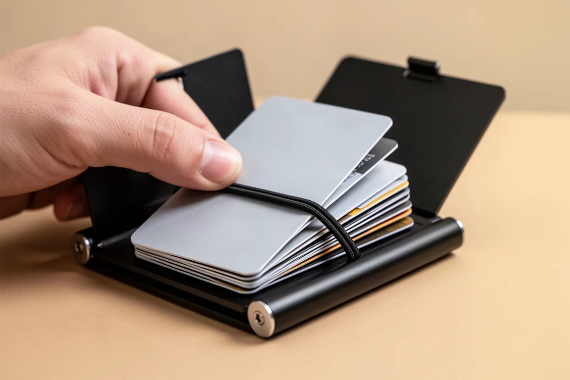 Mano abriendo en abanico tarjetas de crédito de una cartera minimalista