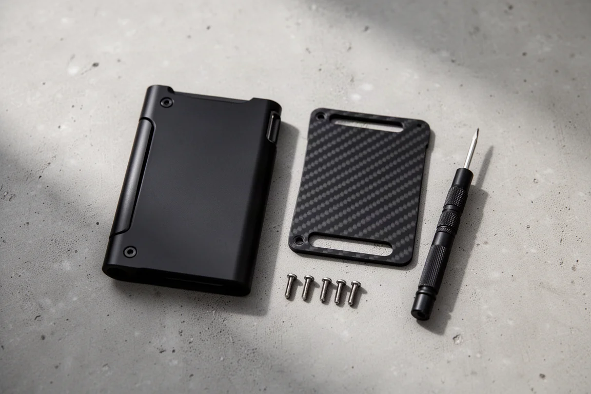 Placa frontal intercambiable y un pequeño destornillador junto a una cartera minimalista