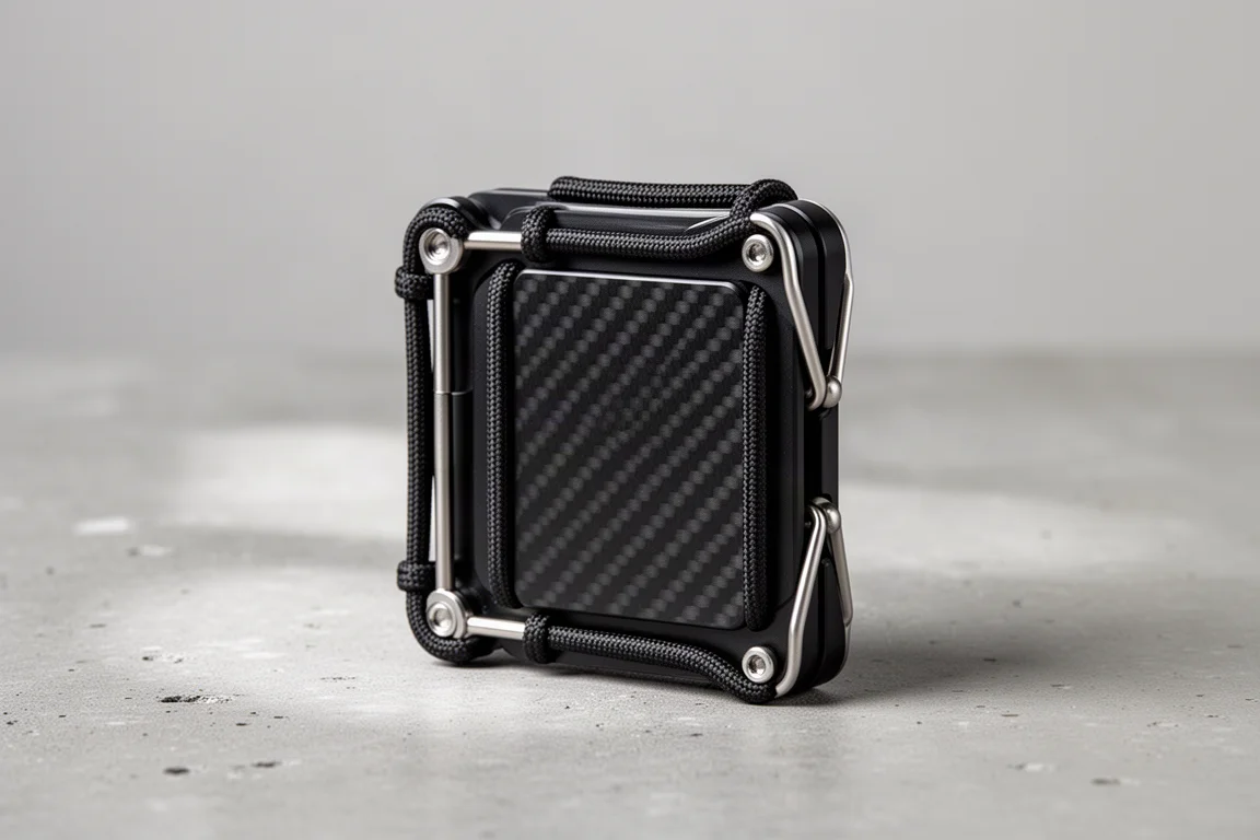 Slim black aluminum minimalist wallet with titanium arms and carbon fiber plate on concrete
