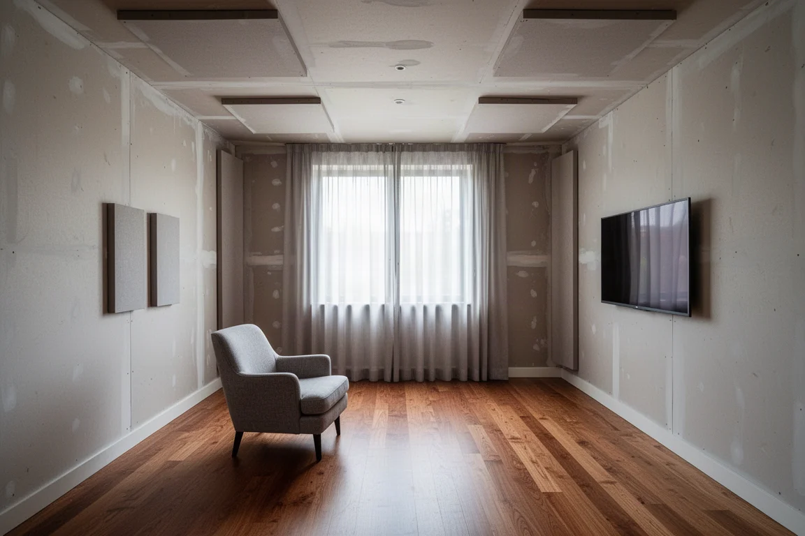 Salle d'écoute aux murs nus, parquet en bois dur et fauteuil avant traitement