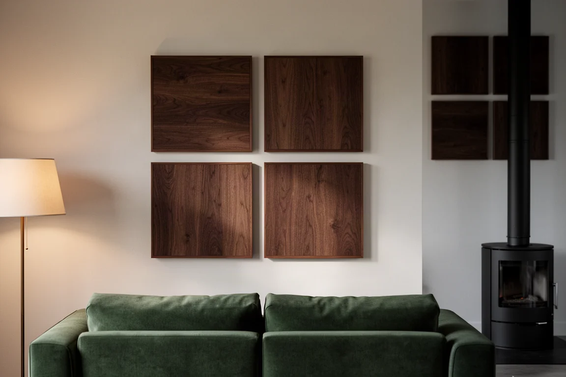Panneaux acoustiques en bois foncé disposés au-dessus d'un canapé sur un mur arrière