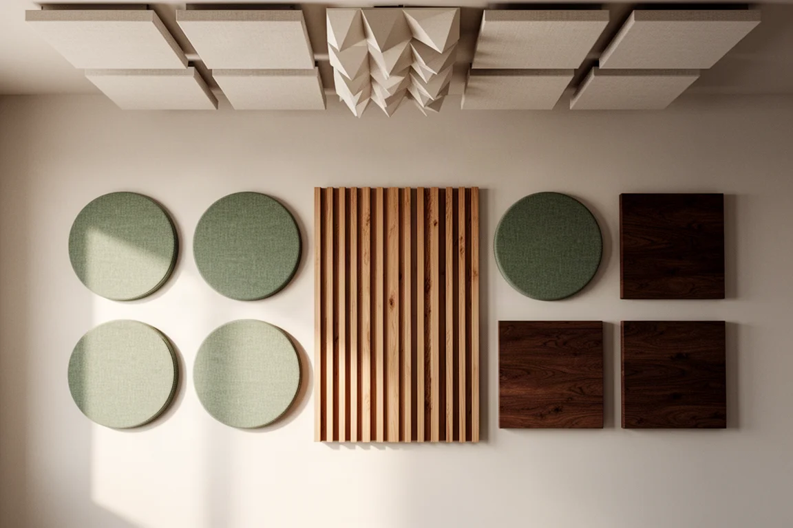 Treated listening room wall with green round acoustic panels, a wood slat panel and dark wood panels