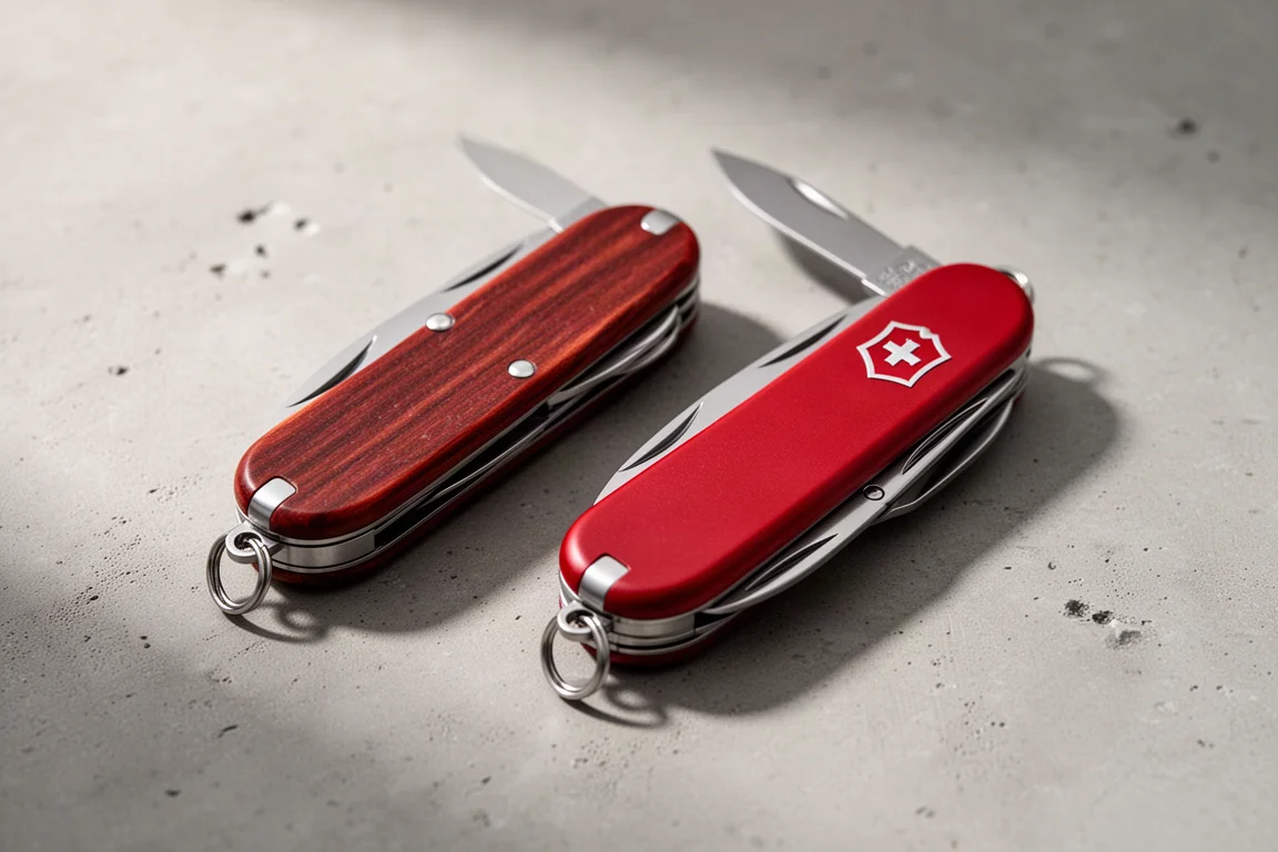 Two Swiss Army pocket knives side by side on a matte concrete surface