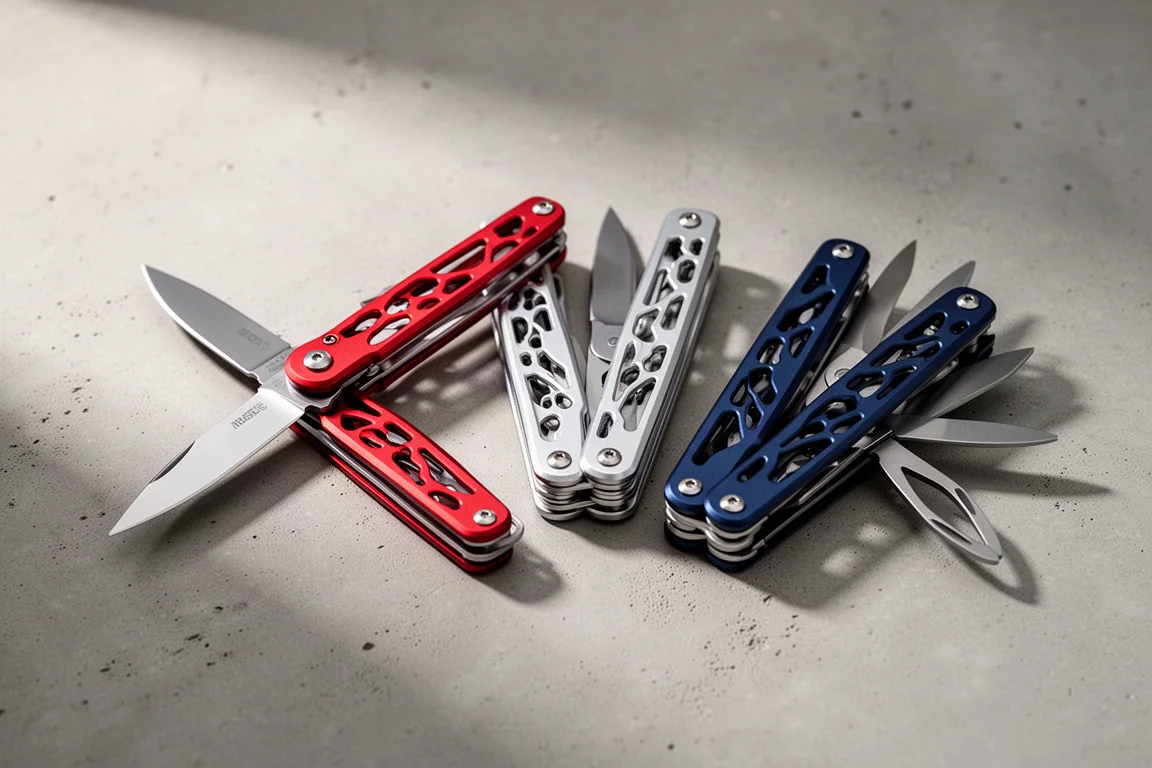 紅色、銀色與深藍色三把 Victorinox Alox Refined 瑞士刀排列在水泥地上