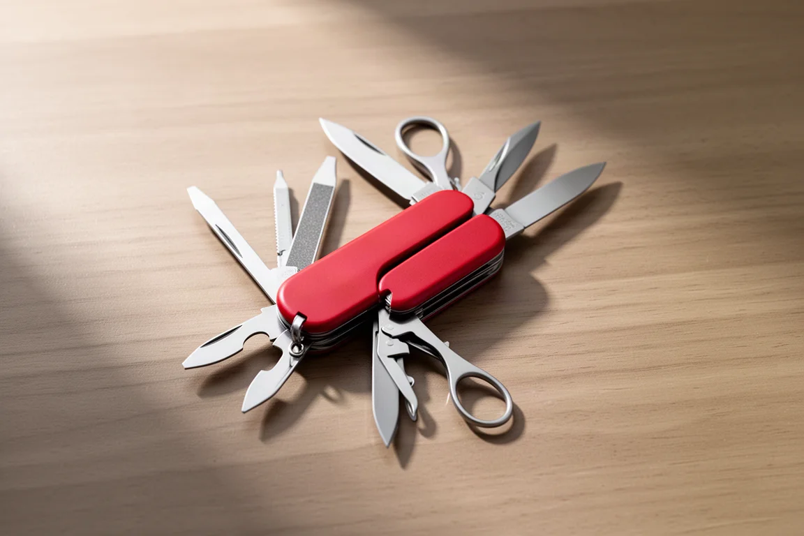 Un coltellino stile Swiss Army aperto che mostra cacciavite, forbici e lama