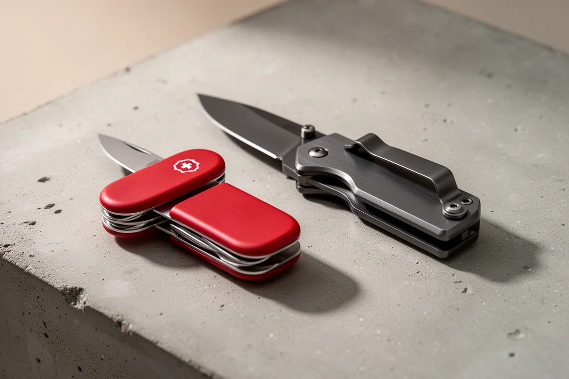 Victorinox Compact and The James Brand Ellis folding knives side by side on a concrete surface