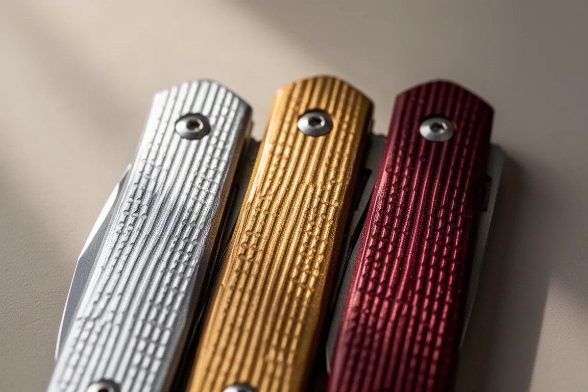 Tre placche in alluminio texture per coltello tascabile in argento, oro e rosso scuro