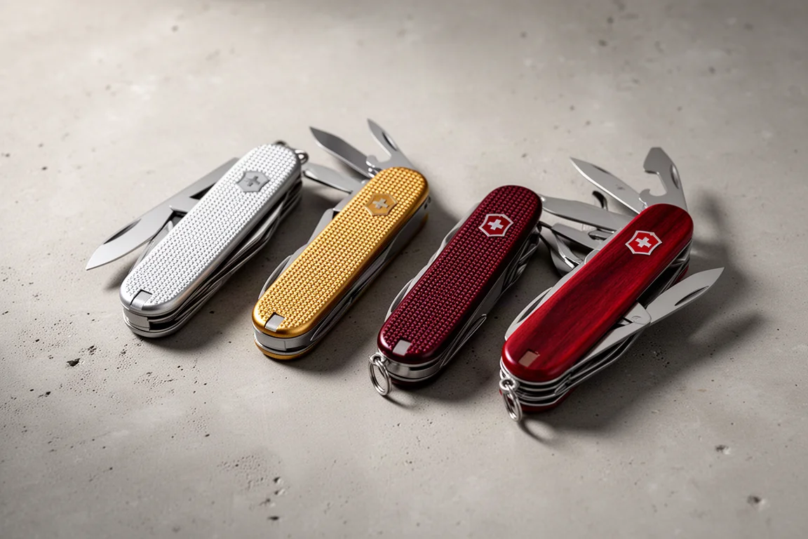 Four pocket knives in silver, gold, dark red and traditional red on concrete