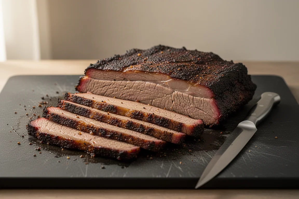 Neatly sliced brisket on a cutting board showing even, clean cuts