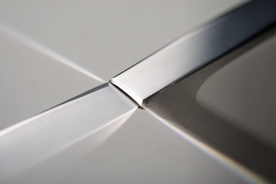 Close-up of the ground edge angle of a kitchen knife blade