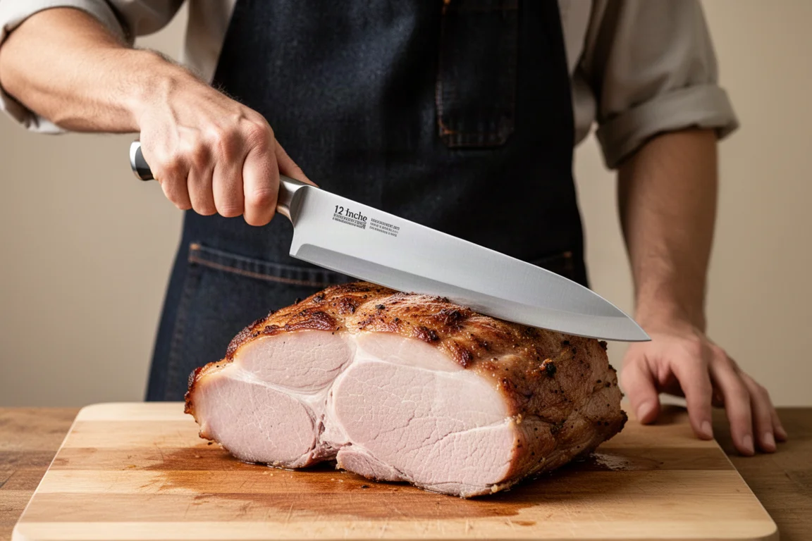 Cook holding a long slicing knife over a large roast for scale