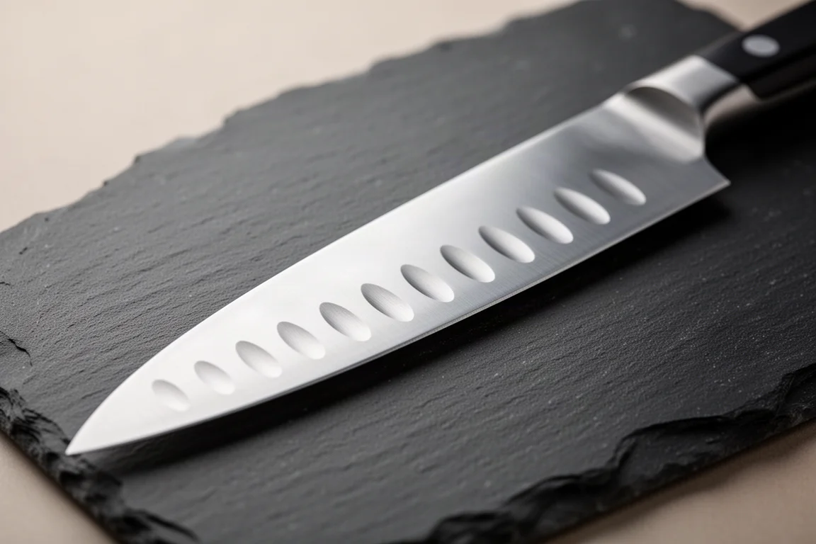 Close-up of shallow granton indentations along a slicing knife blade