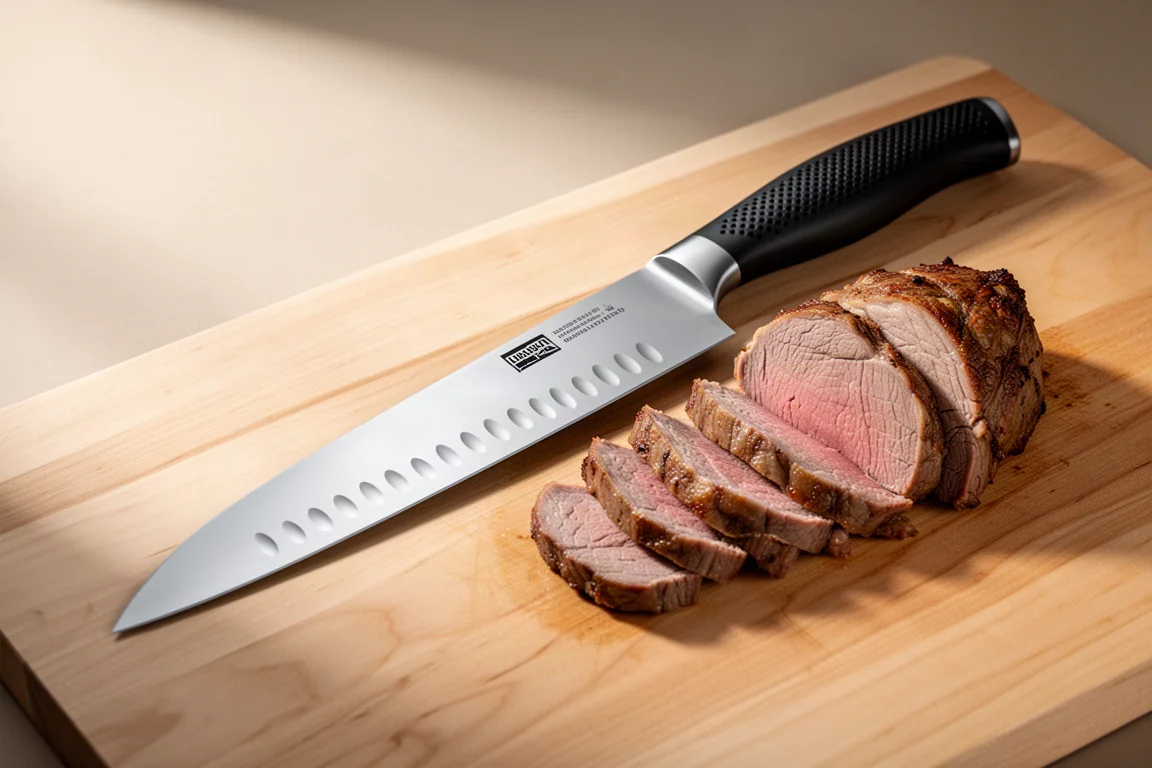 Long 12-inch slicing knife on a cutting board beside neatly sliced roast meat