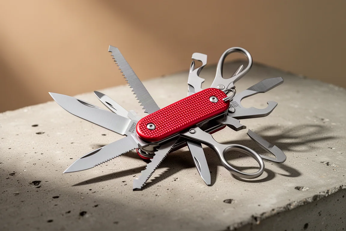 Multitool pieghevole con manico rosso e utensili in acciaio inossidabile parzialmente aperti su cemento
