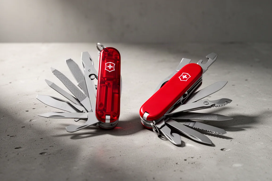 Two red Swiss Army style pocket knives with tools fanned out on concrete