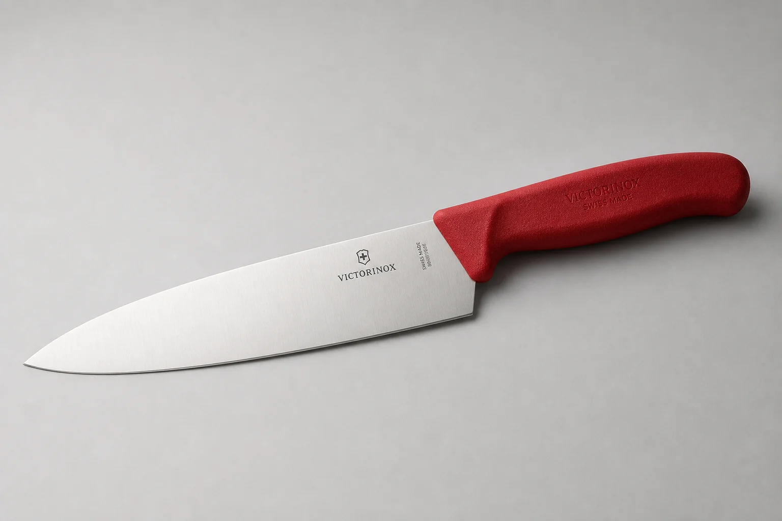 四把主廚刀斜向排列在混凝土面上：Misen、Made-In、Victorinox 與 Shun