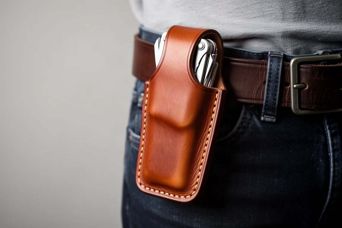 Funda de cuero para multiherramienta colocada en un cinturón con luz interior suave