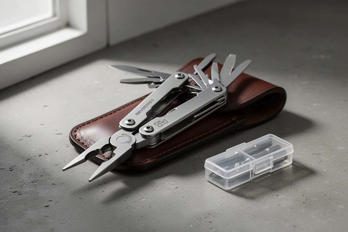 Stainless steel multi-tool with leather sheath and bit case on a concrete surface