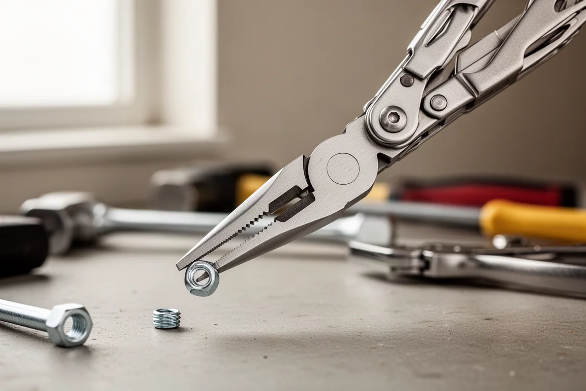 Primo piano della testa di una pinza di un multi-tool che afferra un piccolo bullone metallico
