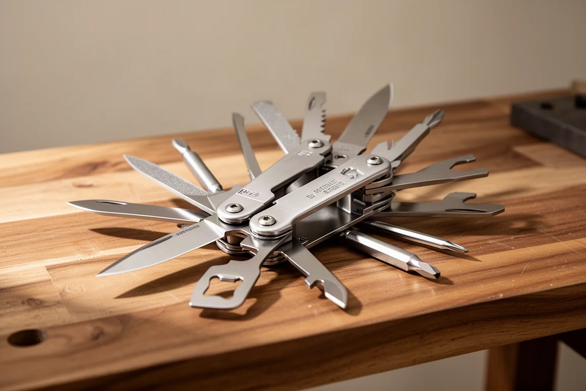 Lame di un multi-tool aperte a ventaglio su una panca di lavoro in legno