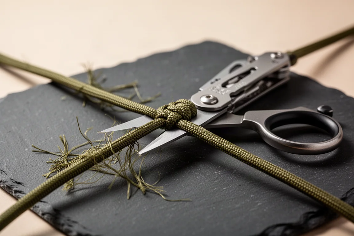 Forbici di un multi-tool che tagliano paracord su un tavolo