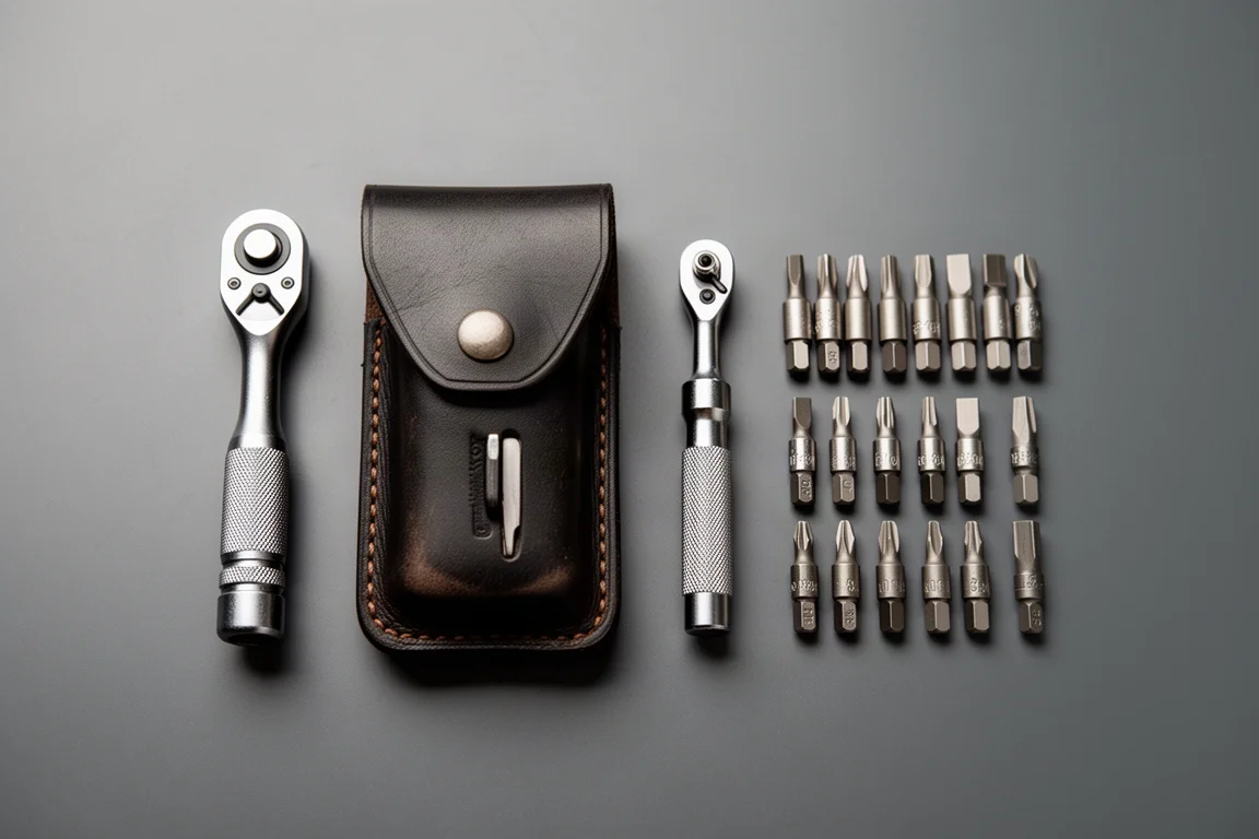 Kit di punte e avvitatore a cricchetto disposti accanto a una custodia per multi-tool su una scrivania