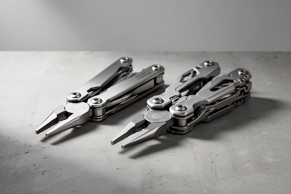 Two large stainless steel multi-tools side by side on a concrete surface