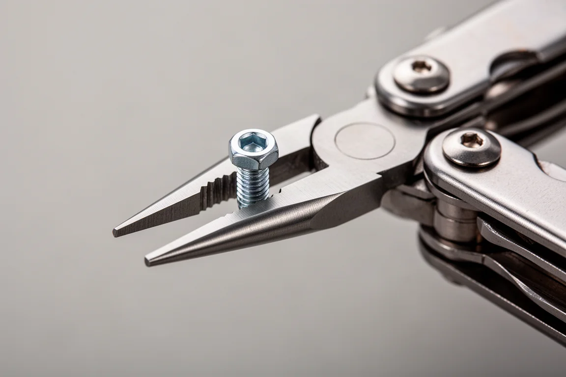 Närbild på spetsiga tänger på en multitool som greppar en liten bult