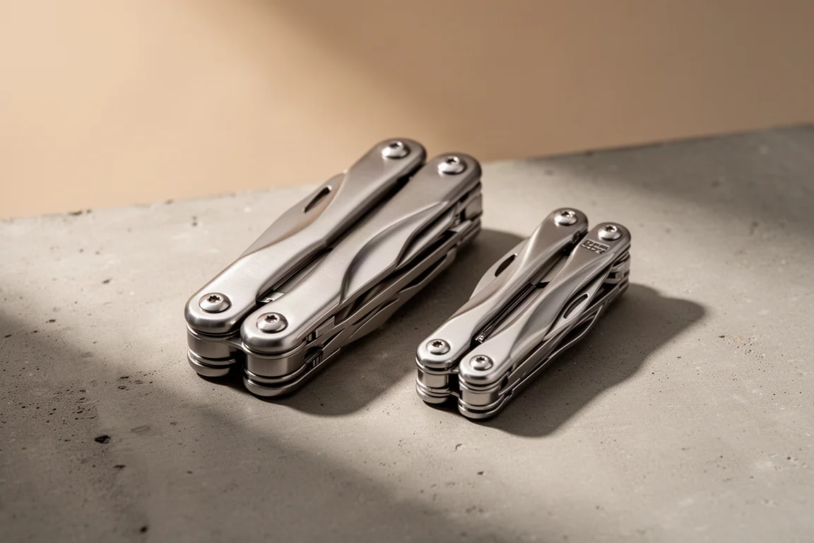 Two polished stainless steel multitools side by side on a concrete surface
