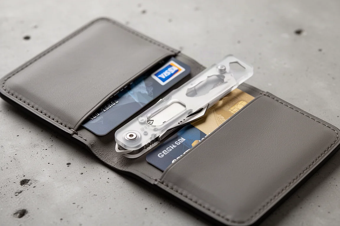 Multiherramienta delgada del tamaño de una tarjeta de crédito deslizándose en una cartera minimalista de cuero junto a tarjetas