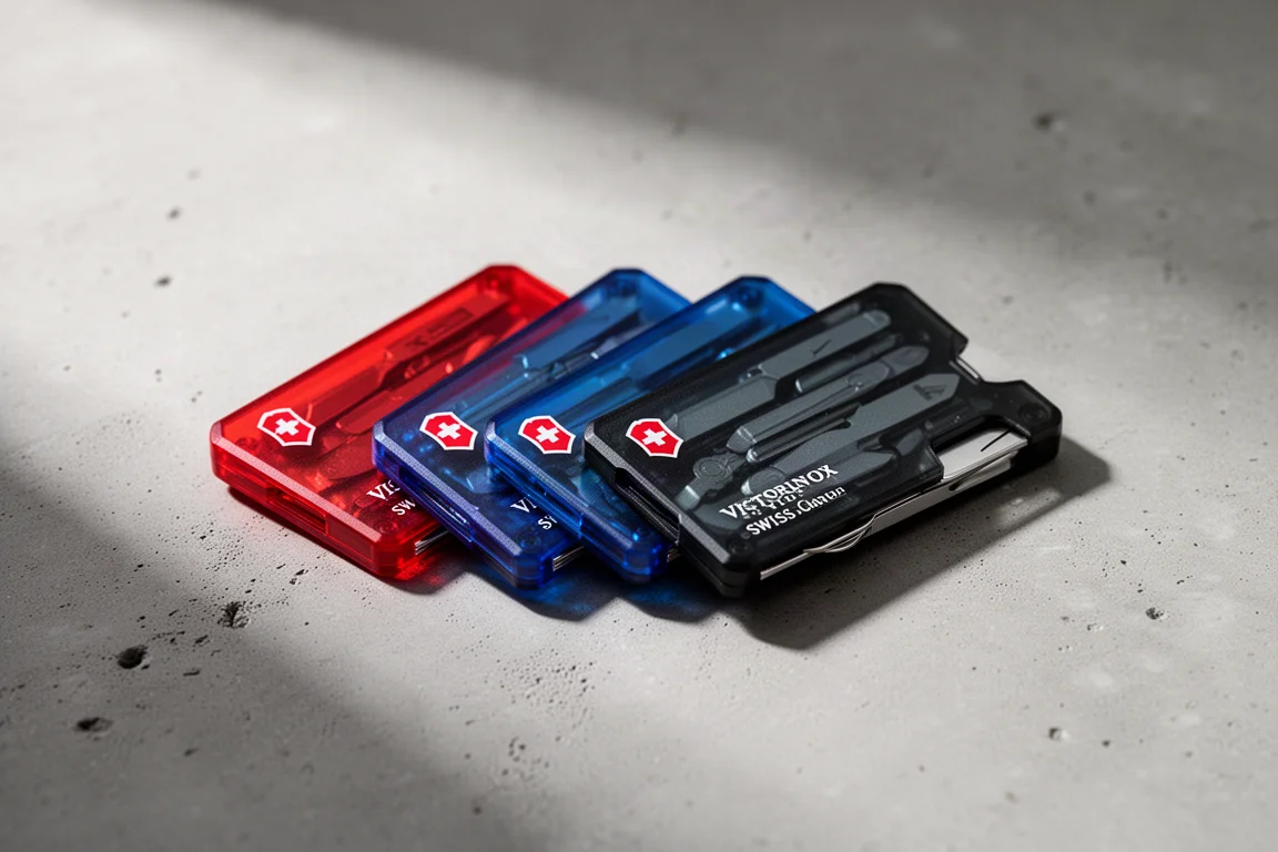 Quattro multi-strumenti traslucidi delle dimensioni di una carta di credito in rosso, blu e nero su una superficie di cemento