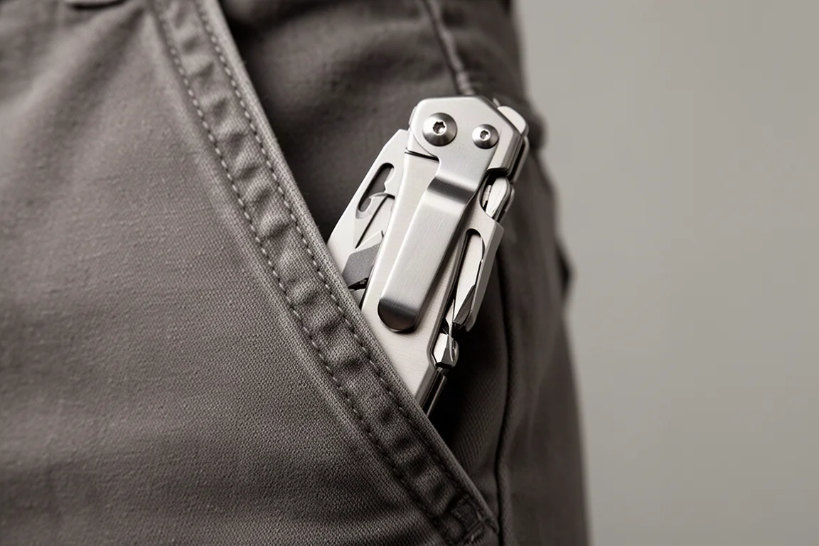 Multiherramienta estilo Leatherman Free P4 desplegada en abanico sobre un escritorio oscuro