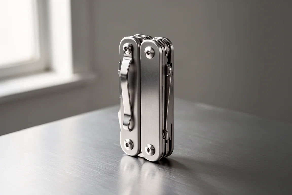 Victorinox SwissTool MX Clip Multitool mit Taschenclip auf gebürsteter Aluminiumoberfläche
