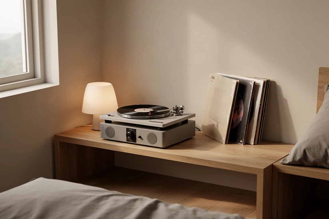 Petit coin d'écoute dans une chambre avec une platine vinyle posée sur une enceinte compacte et des disques à proximité
